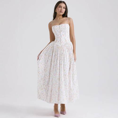 Womens Corset Detail Spaghetti Straps Knotted Maxi Dress