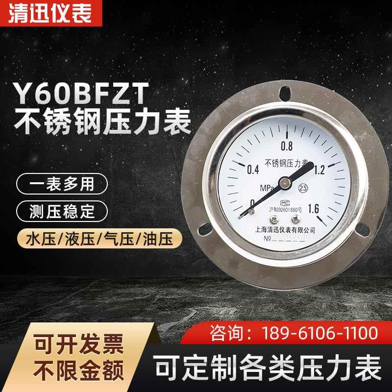 Y60BFZT不锈钢轴向带边压力表不锈钢耐震压力表0-0.6/1/1.6/40Mpa