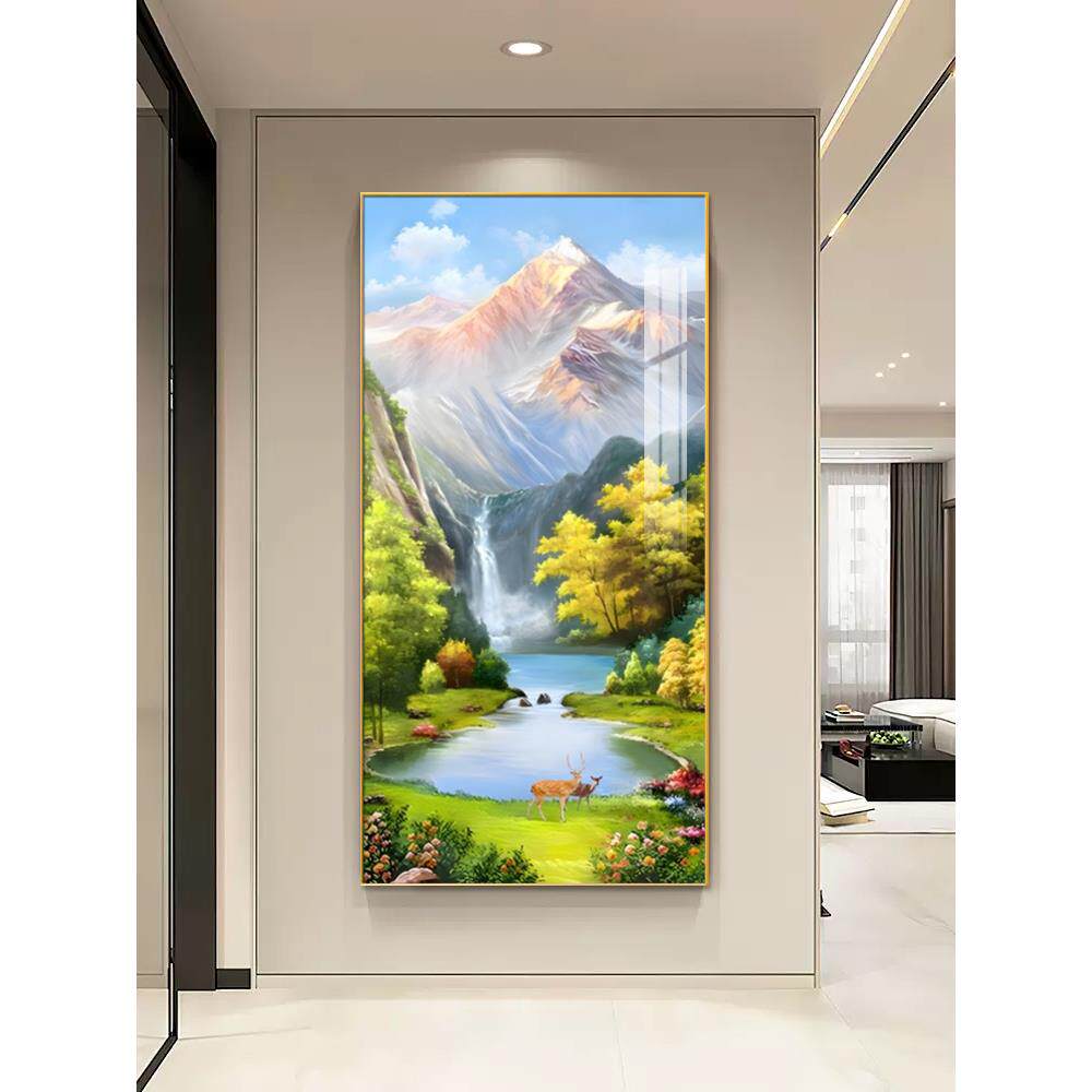 聚财山水画过装饰画八方玄关道正对门挂画竖版聚宝盆风景壁画走廊