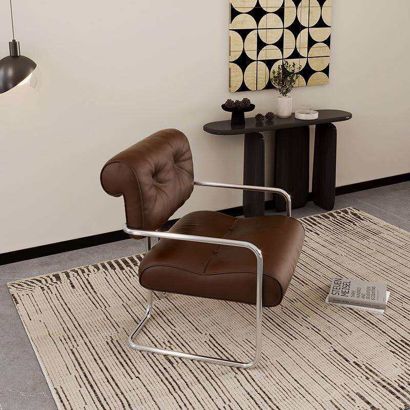 意式极简轻奢不锈钢皮质沙发椅客厅简约商务洽谈椅家用靠背单人椅