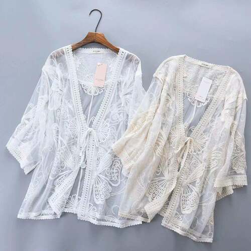 Women's Embroidery Sheer Tie Front Cover Up Outerwear,