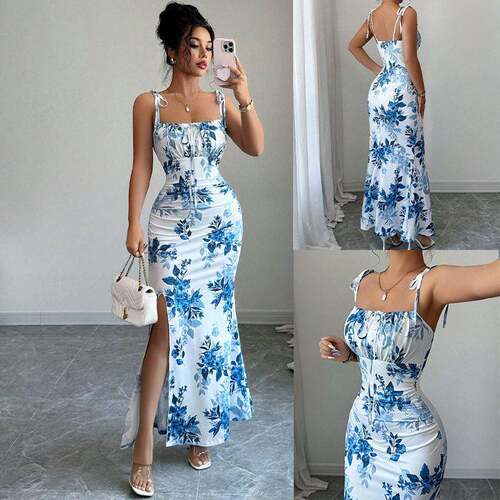 New Womens Fine Strap Bow Waist Ruched Hem Slit Design