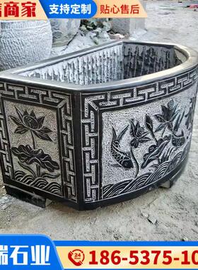 中式大型青石鱼缸花盆仿古庭院石雕鱼缸花盆养荷花室内流水摆件