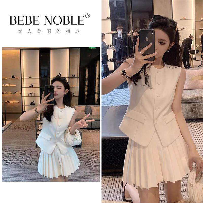BEBE NOBLE小香风套装女夏季高级感时尚无袖西装背心百褶裙两件套