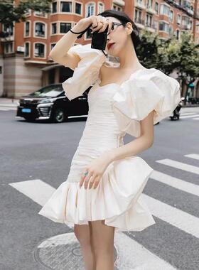 法式白色缎面抹胸轻纱宴会生日派对晨袍订婚登记领证短款小礼服裙