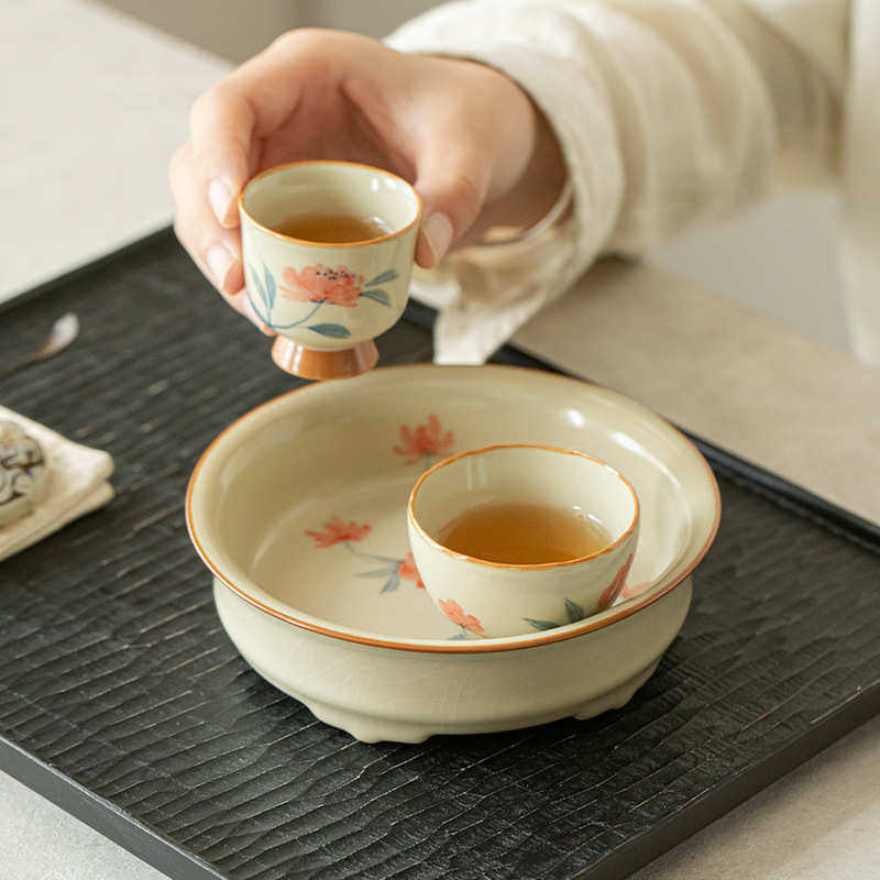 手绘汝窑壶承釉下彩芙蓉花果盘盖碗底托家用功夫茶具陶瓷干泡盘,餐饮具,茶具礼盒,淘宝优惠券,粉丝福利购,淘宝优惠卷