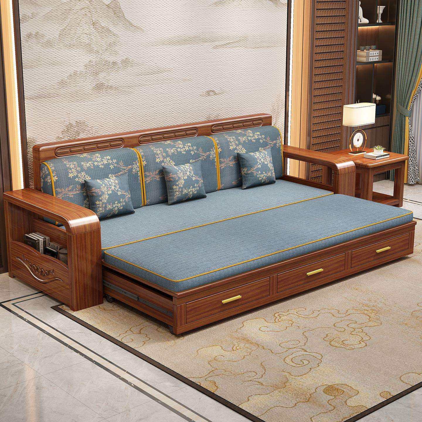 胡桃木实木沙发床客厅两用多功能坐卧一体式抽屉沙发拉床