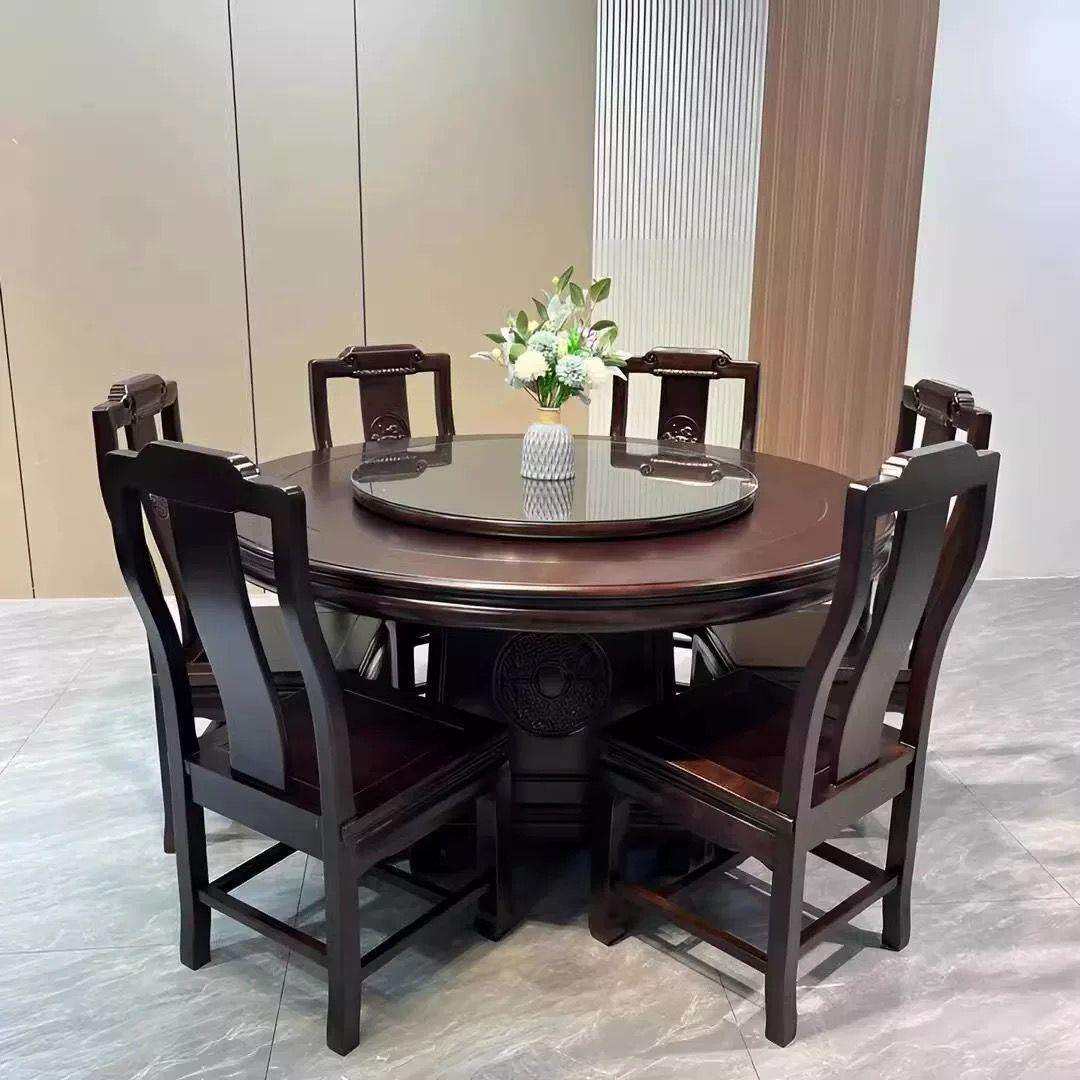 2026新款紫檀木全实木餐桌椅组合圆桌带转盘新中式家用饭桌子