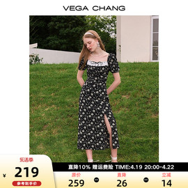 VEGA CHANG黑色碎花连衣裙夏2024女装法式小众小雏菊茶歇裙子