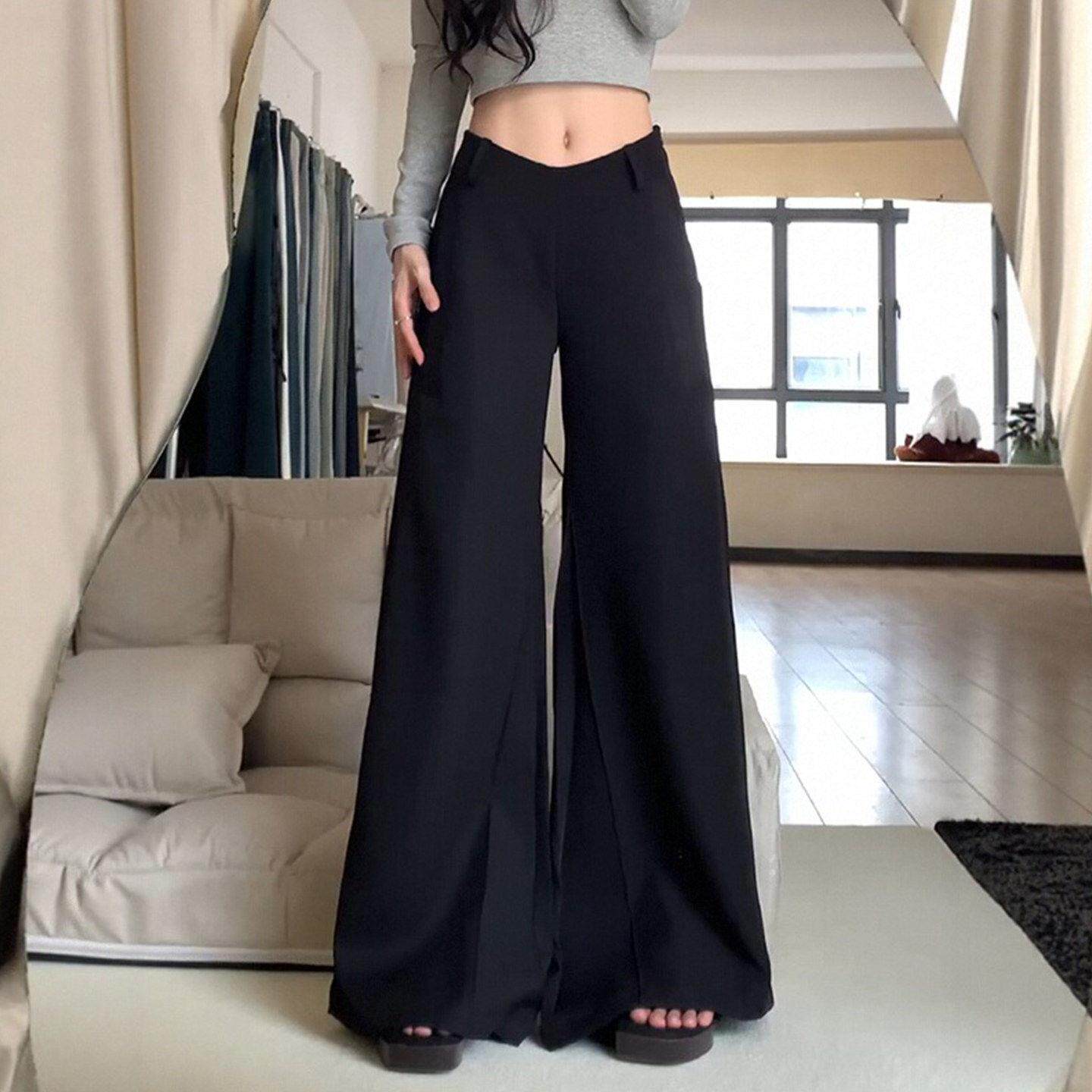 RIXO OFF黑色休闲低腰西装裤女2026春季新款大码松显瘦阔腿喇叭裤