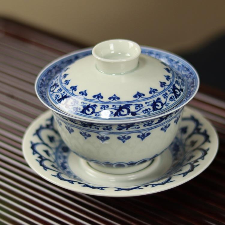 景德镇可悬停三才盖碗青花宝相泡茶碗陶瓷家用青花茶碗盖子悬浮无