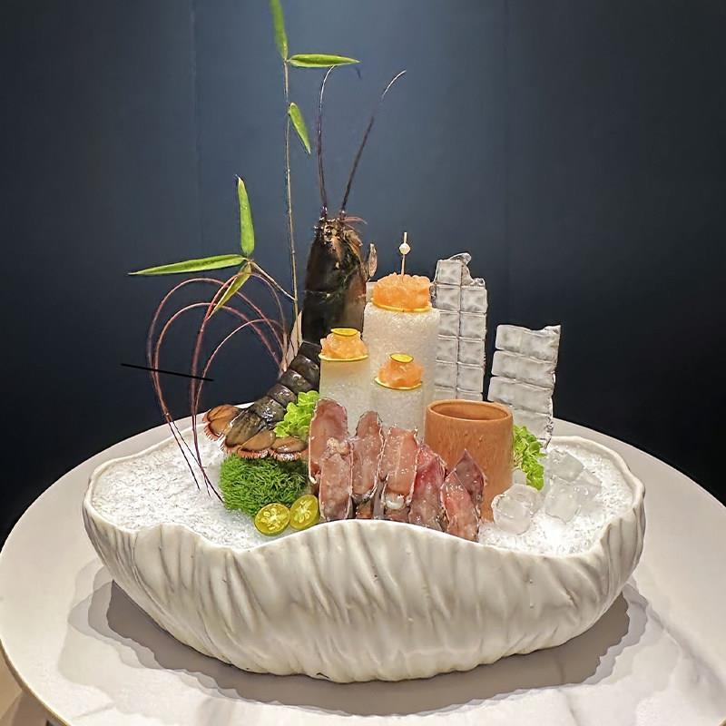 高端鲑鱼刺身盘冰盘海鲜姿造摆盘创意干 干冰餐具刺身拼盘火锅盘