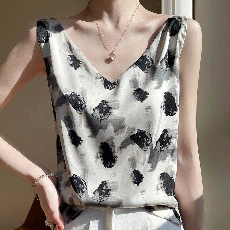 DGVV真丝吊带背心女100%蚕丝V领西装内搭设计感小众印花夏打底衫