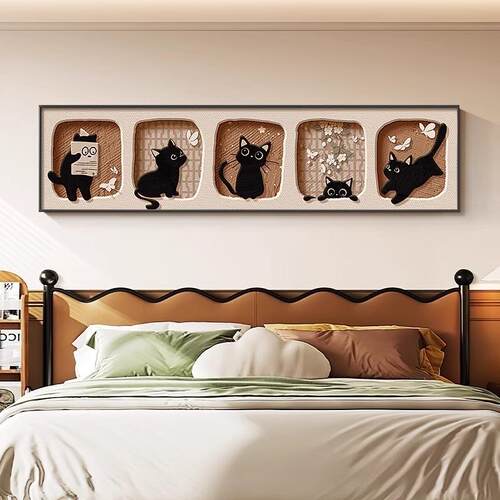 猫咪中古风2025新款卧室床头装饰画复古儿童房间挂画主卧壁画喷绘