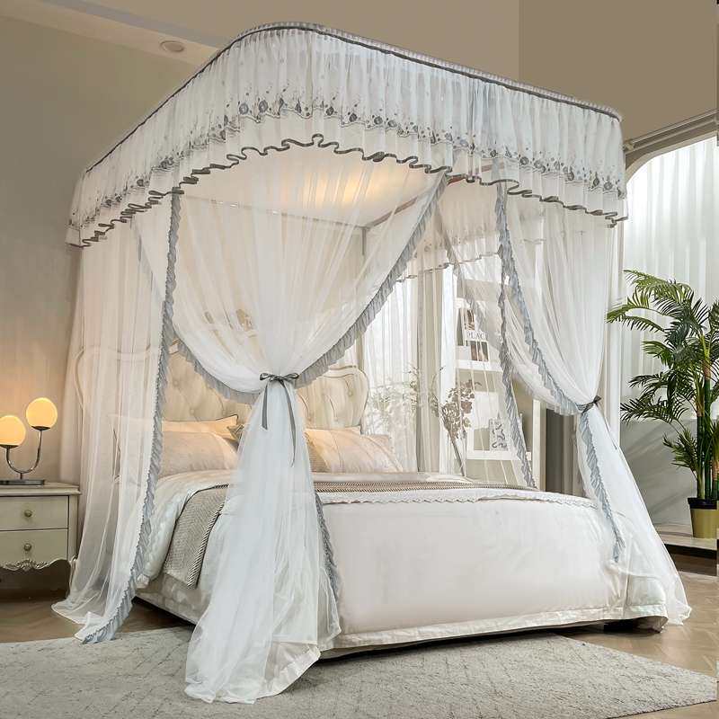 u型导轨蚊帐家用卧室2023新款公主风落地轨道伸缩纹帐1.5双层床