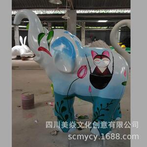 公司制作景观美陈大象卡通彩绘摆件玻璃钢雕塑 公园绿地大象布展