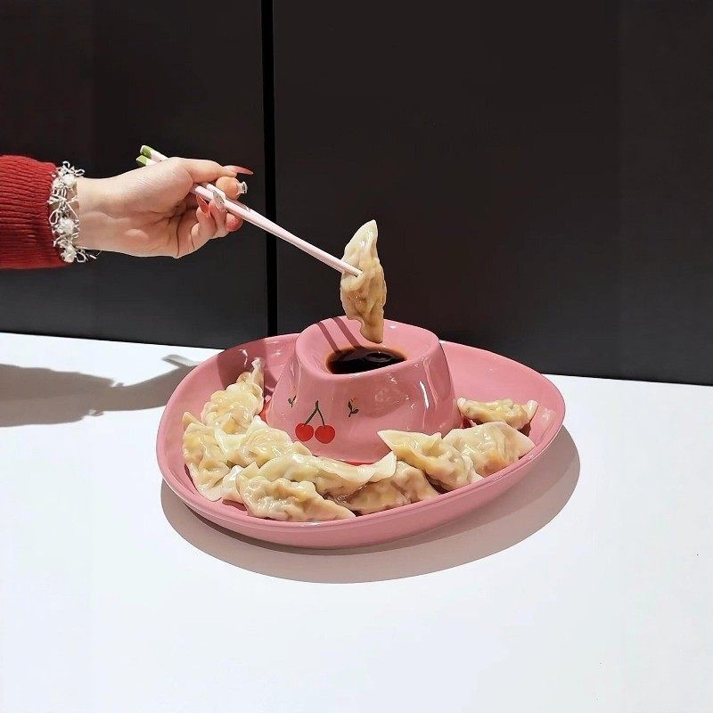 樱桃盘子家用陶瓷漂亮水饺盘高级感年夜饭用带醋碟特别好看的餐盘