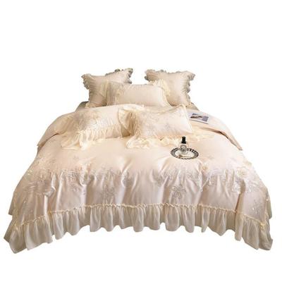 ZQ法式风120支全棉四件套立体花卉蕾丝刺绣床裙床单款被套床上用