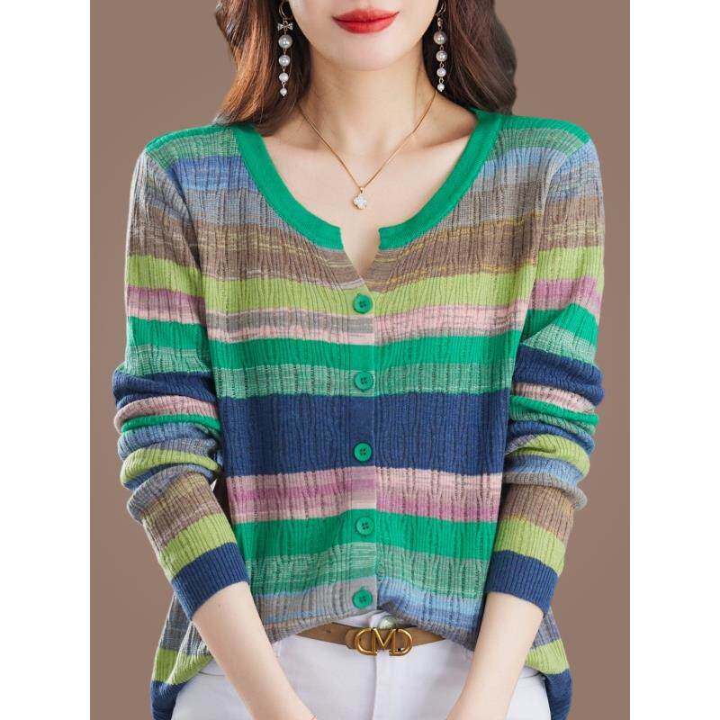 2025新款桑蚕丝女春季小香风设计感V领彩条纹长袖针织开衫T恤薄款