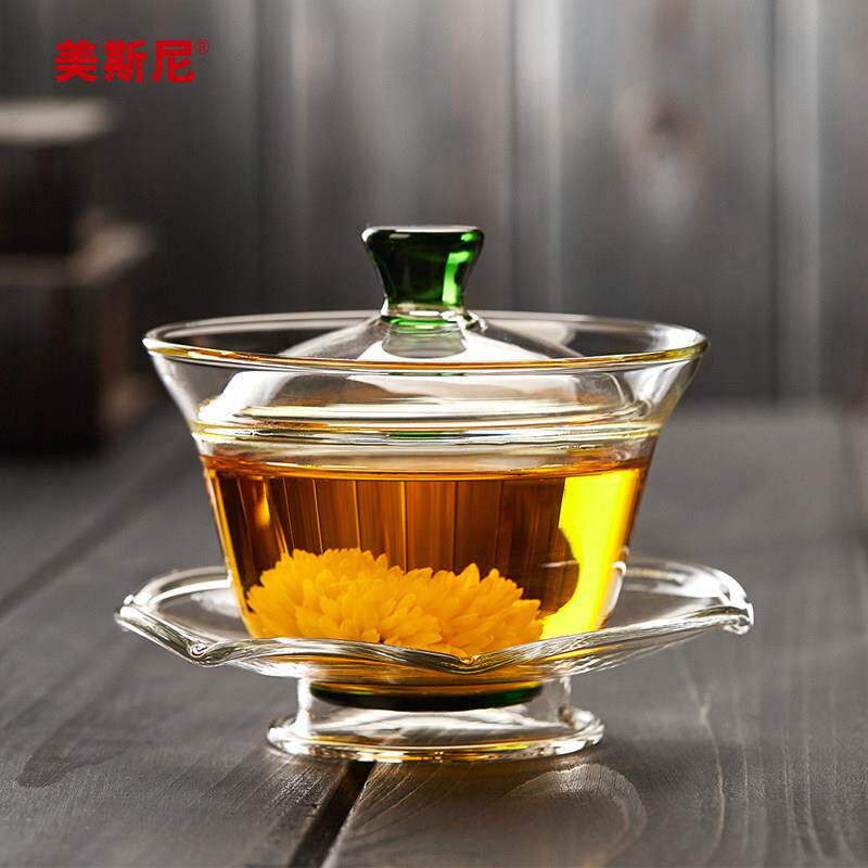 美斯尼玻璃盖碗单个三才茶杯茶道功夫泡茶茶具大号手抓敬茶碗带盖