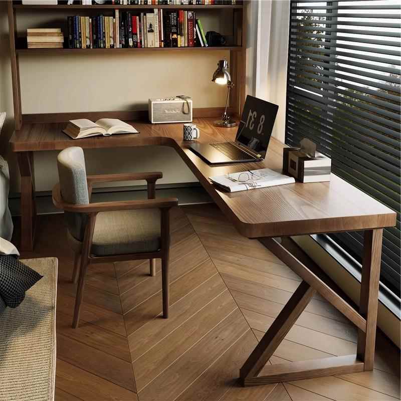 全实木双人转角书桌书架一体L型电脑桌卧室简易学习桌家用办公桌