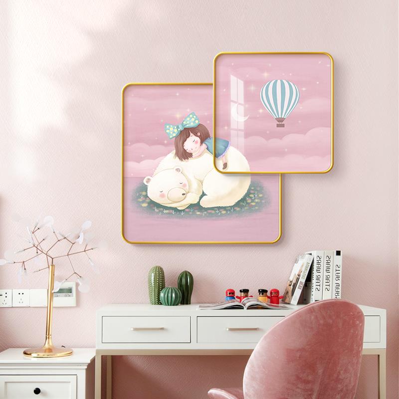 网红现代女简卧约儿童房装饰画室温馨卡通动物孩壁叠画方形加组合图片
