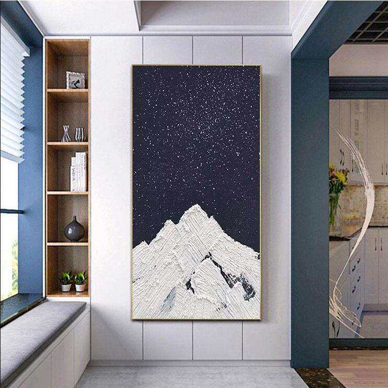 手绘玄关画黑白星空极简砂岩立体肌理画竖版入户走廊过道装饰画