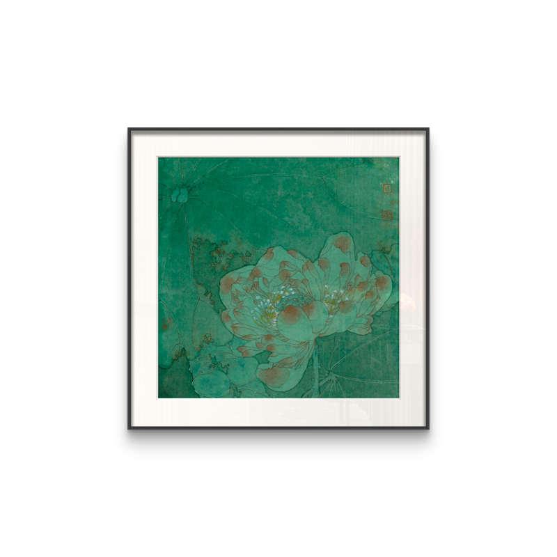 荷花法式中式花卉墨绿古风新壁画中画入户玄关卧室方形装饰画复古图片