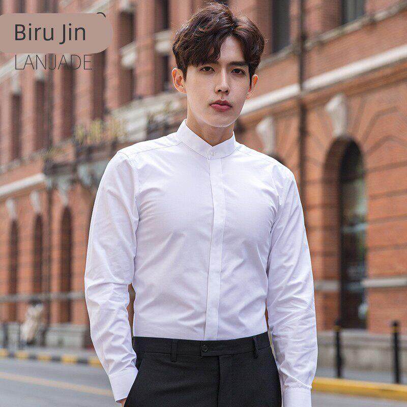 白色立领衬衫男长袖秋季青年商务无圆领修身衬衣正装纯色工作服寸