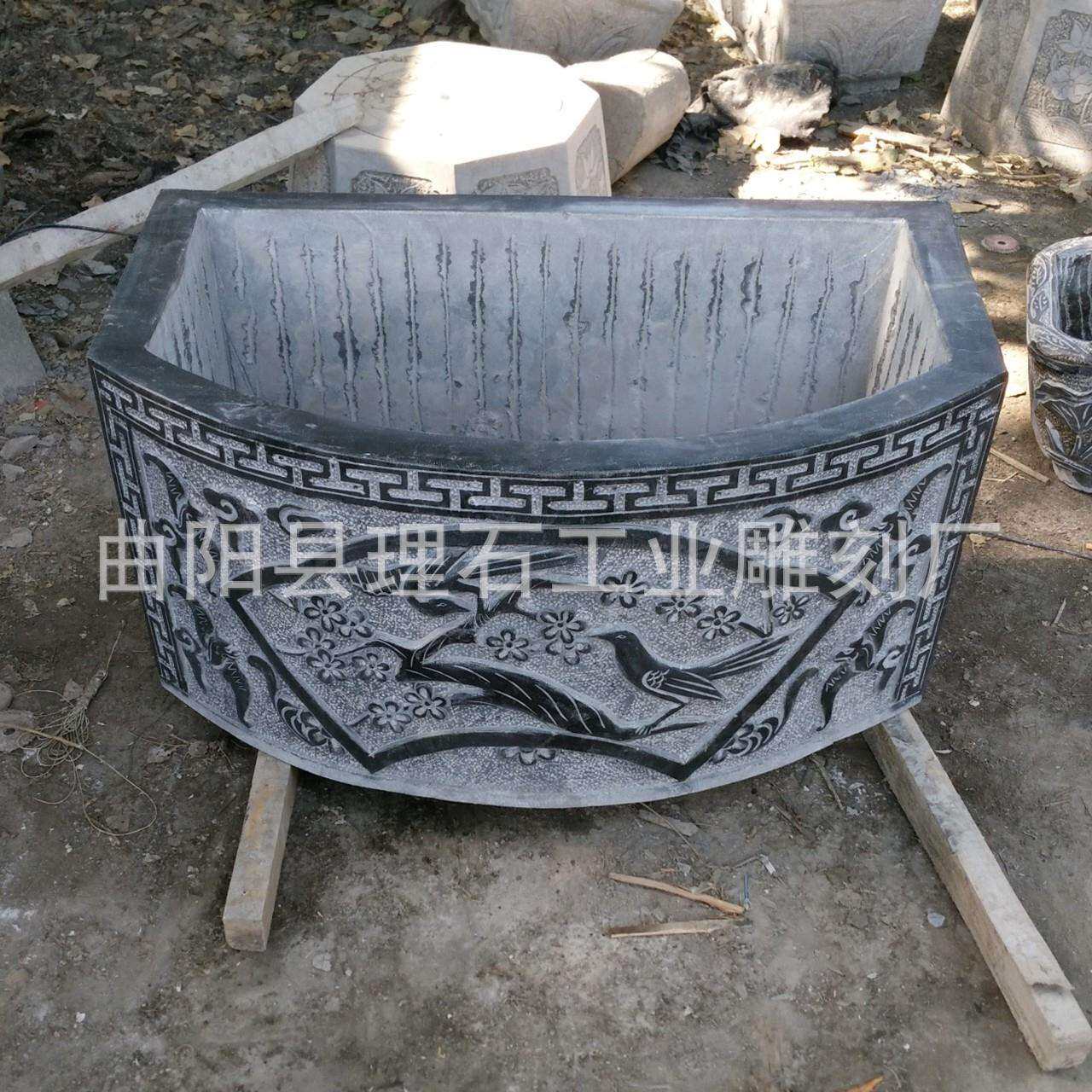 石雕鱼缸壁盆大理石青石仿古壁盆鱼缸庭院室内装饰摆件喜上眉梢图