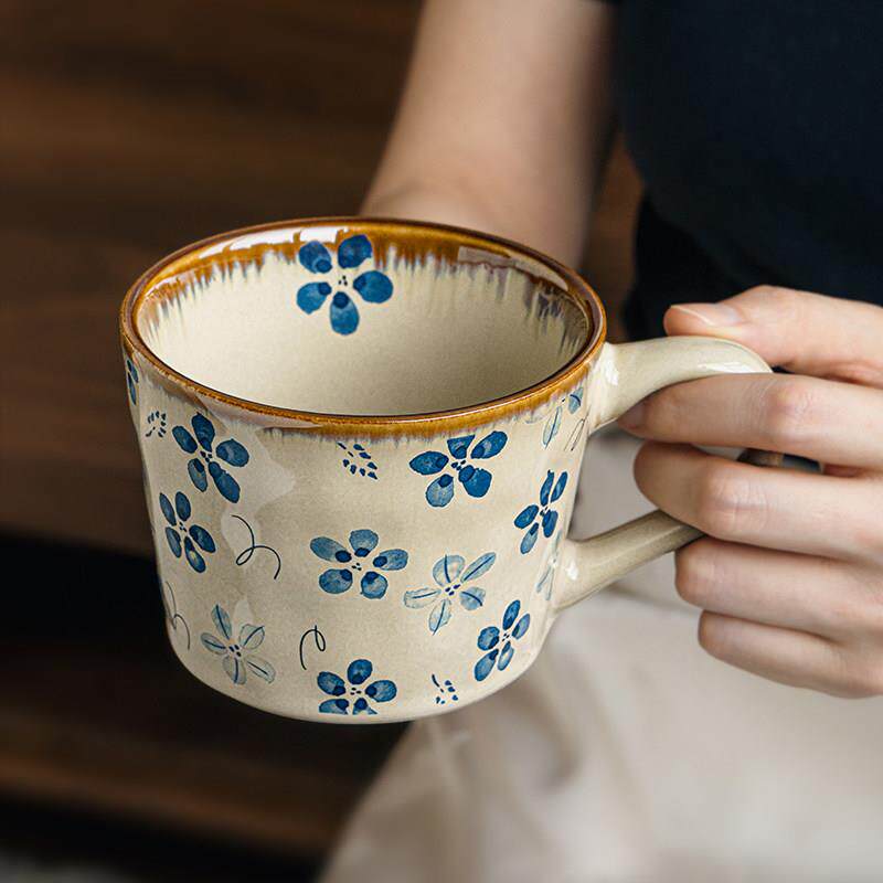 巷子尾〖勿忘我〗复古咖啡杯子家用喝水陶瓷杯带盖子马克杯水杯女