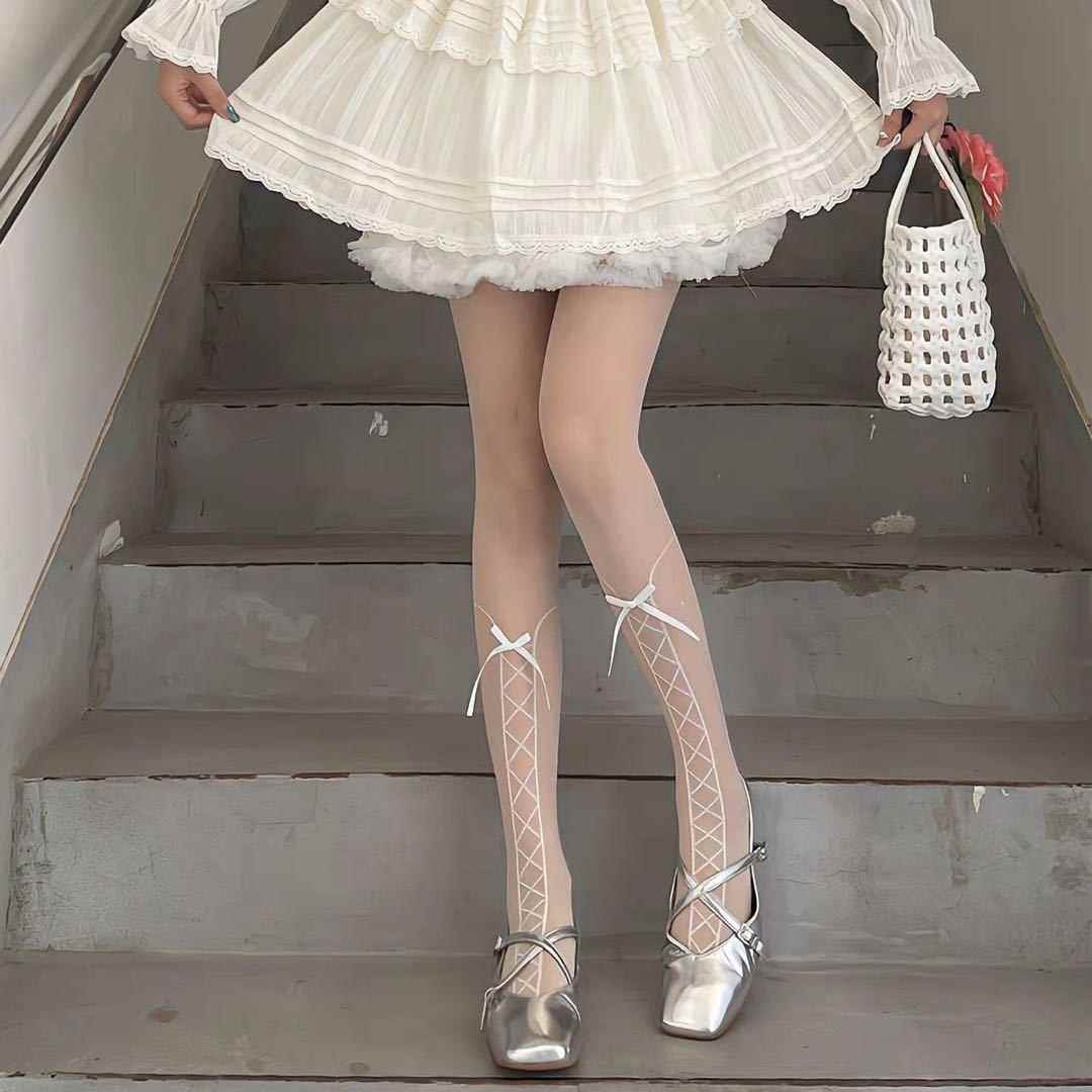 夏季丝袜女短款假小腿绑带蝴蝶结连裤袜子打底袜辣妹风圆点黑丝袜