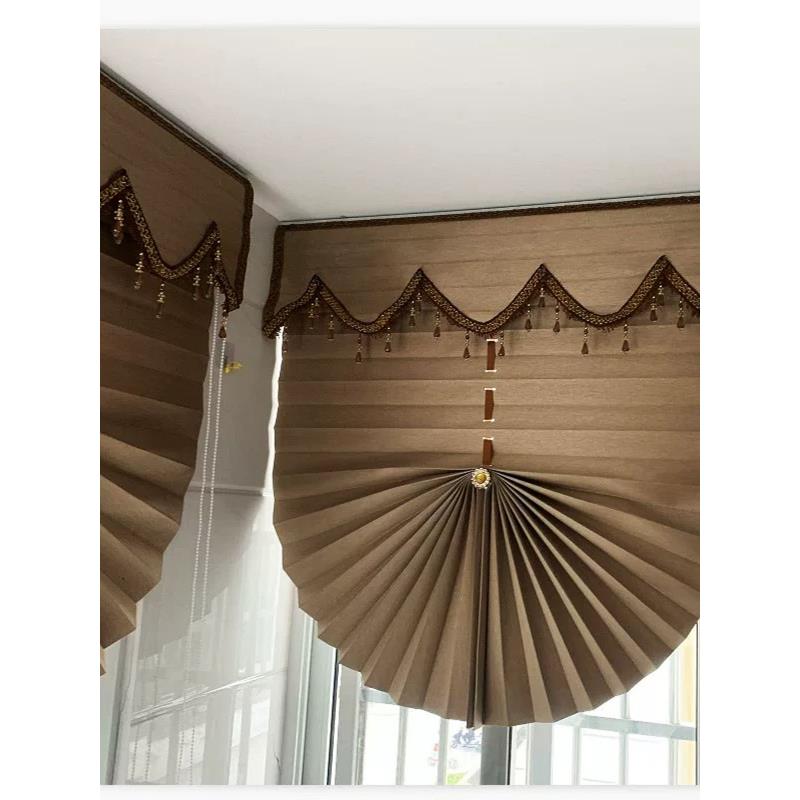 定制浅棕色窗帘纯色遮光防水拉帘升降免打孔卧室书房阳台扇形卷帘