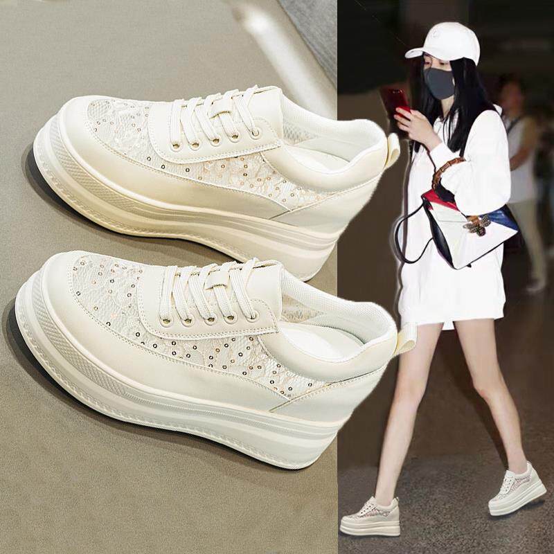 9厘米高度增加~亮片网透气白色女鞋,时尚内增高网厚底女鞋