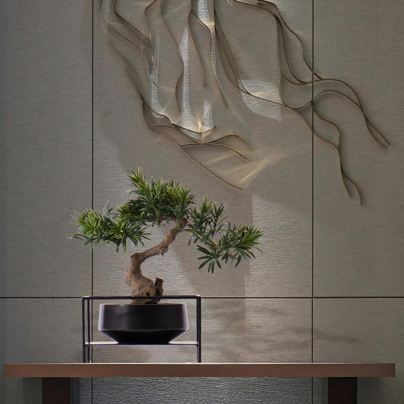 新中式仿真迎客松树盆景样板房茶室铁艺盆栽玄关禅意空间景观摆件