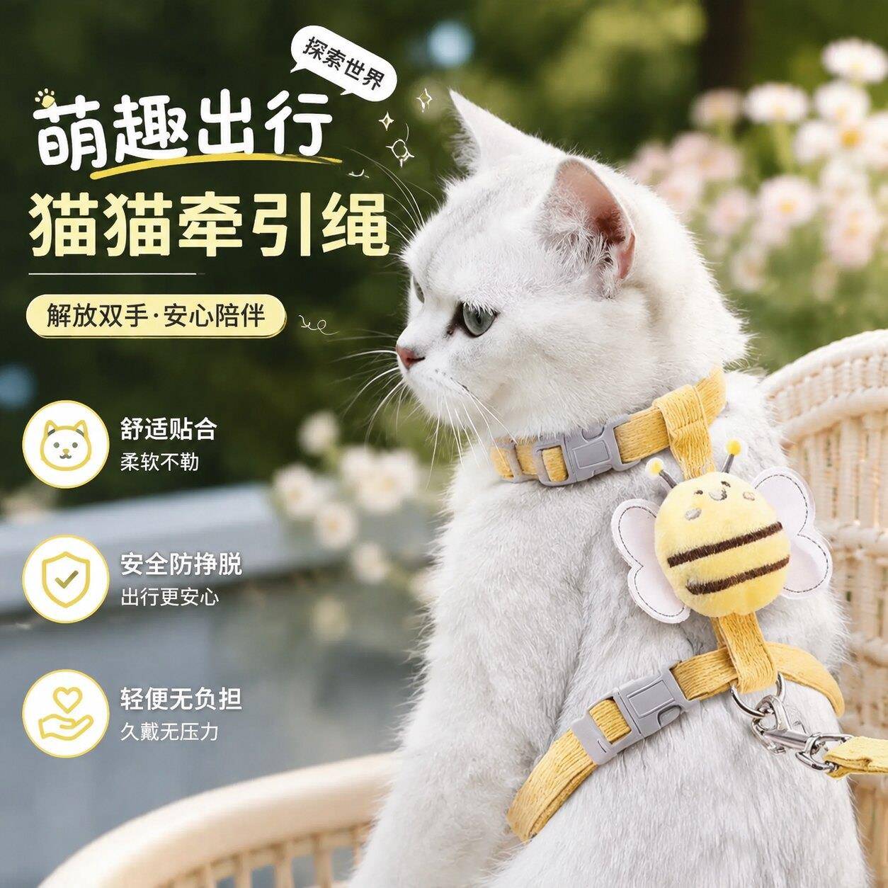 猫猫牵引绳外出可调节栓猫绳子防挣脱蜜蜂溜猫绳宠物背心式胸背带