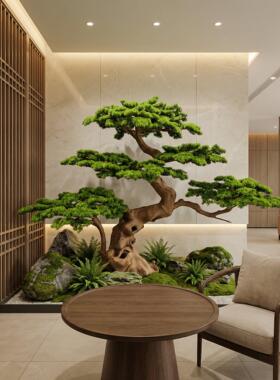 仿真迎客松树假罗汉松新中式室内造景装饰玄关橱窗展厅旱景观组合
