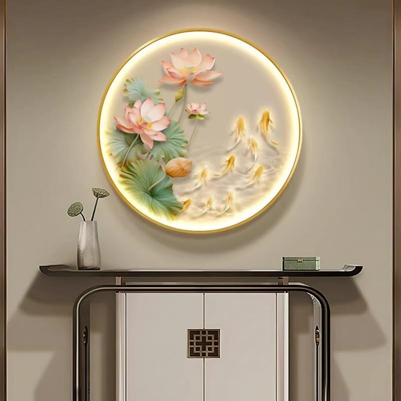 荷花九鱼图玄关装饰画新中式发光挂画圆形走廊轻奢led灯光画壁画图片