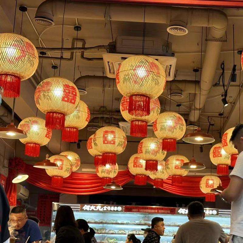 潮汕灯笼圆形餐饮喜字市井火锅店吊灯装饰竹编灯笼竹灯笼油纸图片