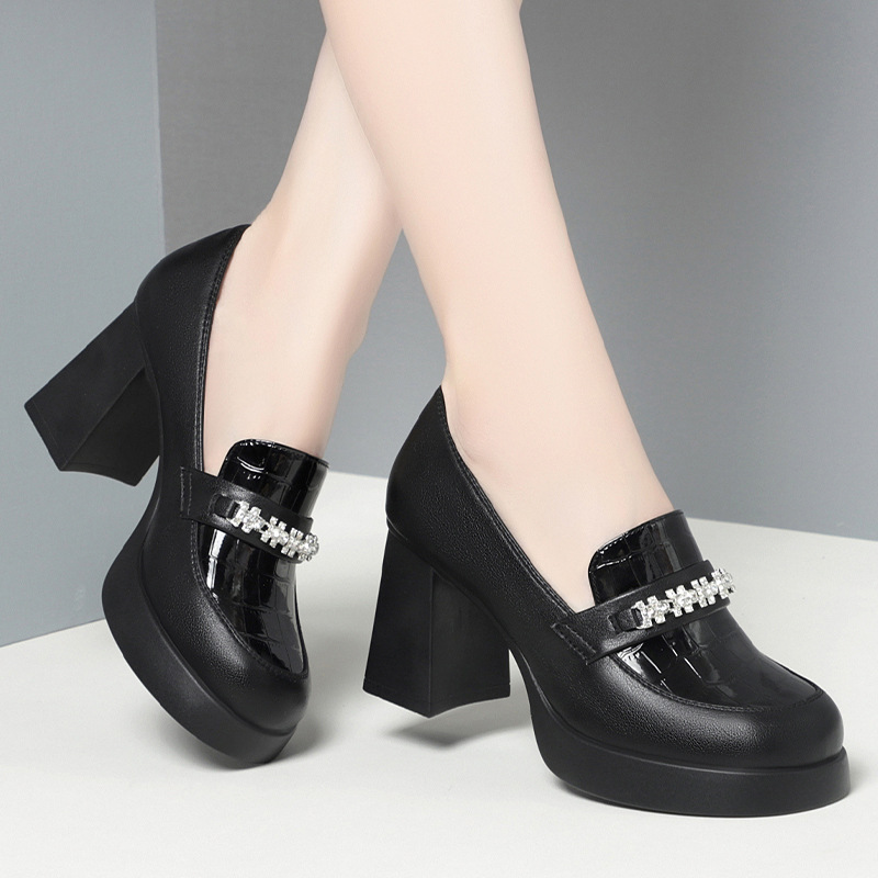 欧洲站8cm高跟乐福鞋女2024秋季单鞋新款女士深口皮鞋防水台玛丽