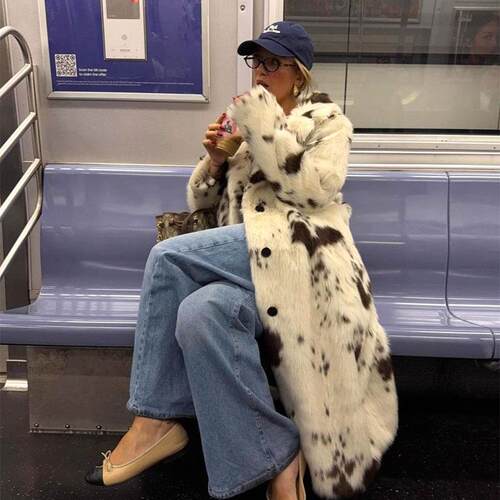 Women's Cow Print Faux Fur Coat Thick Warm Long Jacket for