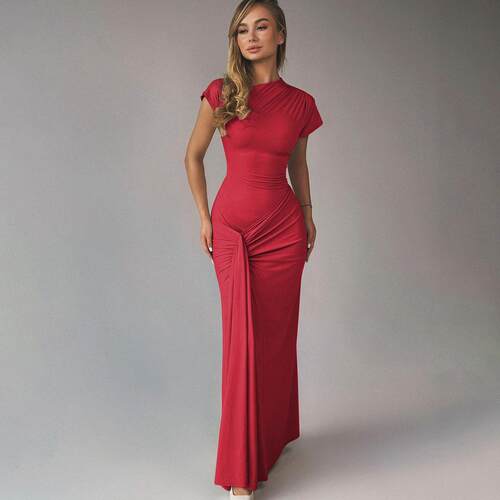 Women Plain Ruched Tie Back Asymmetrical Neck Dress Cap