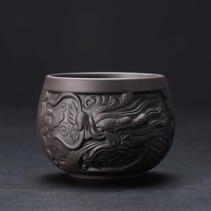 汝窑正品紫砂功夫小茶杯高档祥龙浮雕主人杯单杯个人专用高档喝茶