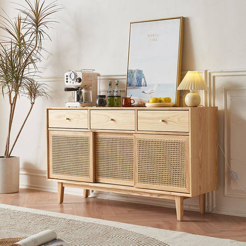 日式藤编餐边柜家用客厅多功能收纳柜子现代简约平推门实木茶水柜