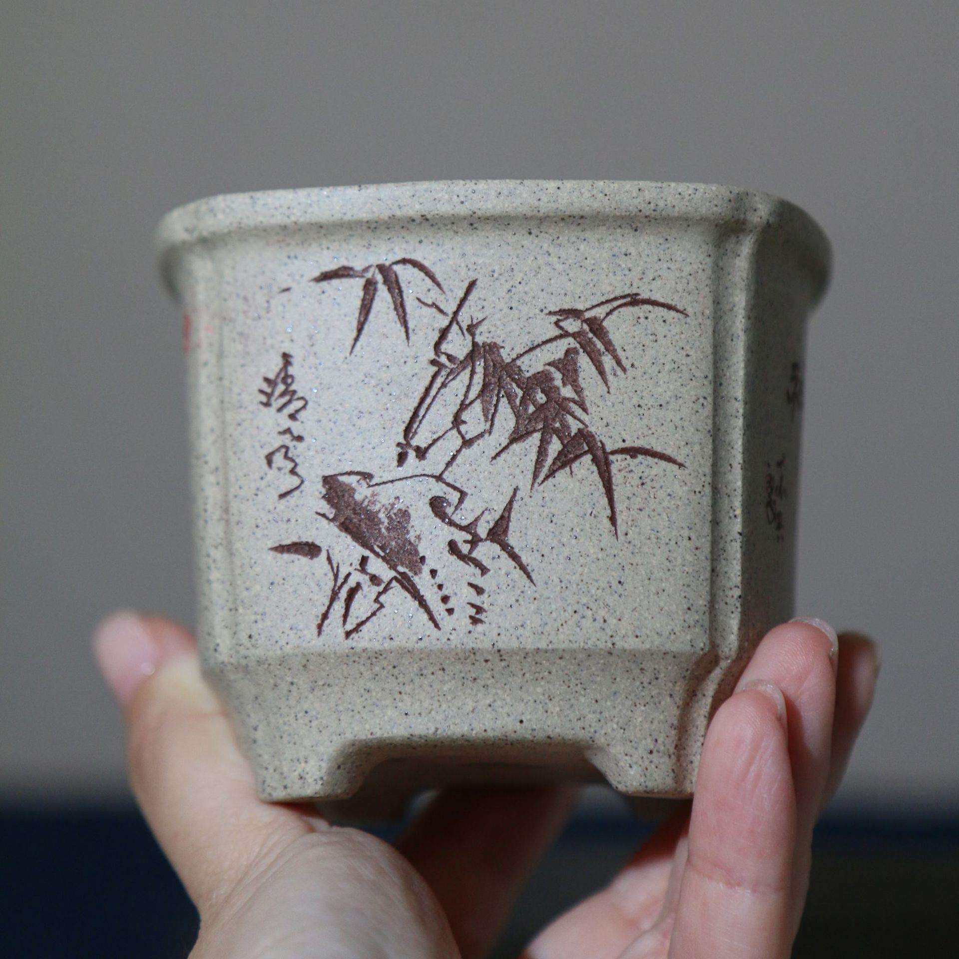 紫砂花盆微型盆景盆手工花盆雪花泥白段泥苏兵名家盆中国风刻绘盆