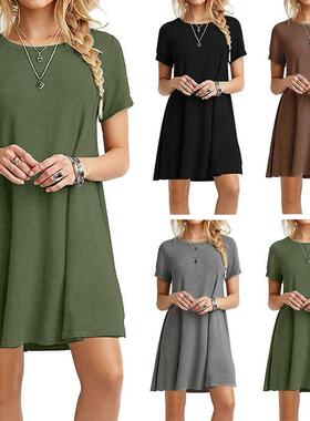 Women Solid Green Brown Dress Short sleeve female casual Loo
