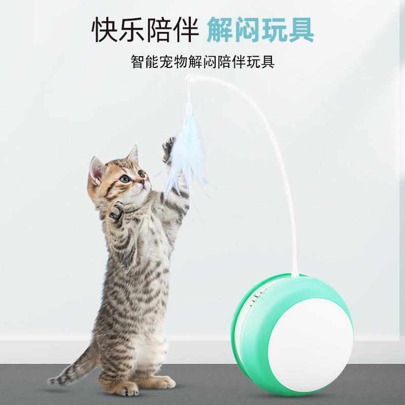充电款电动猫玩具LED不倒翁运动球带羽毛钓竿自动滚动逗猫
