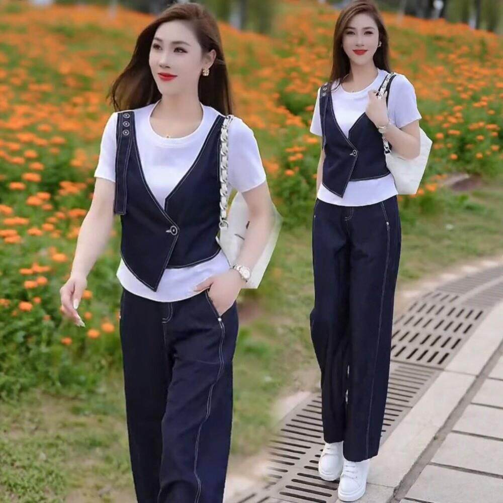 假两件时尚休闲运动套装女夏季新款牛仔拼接短袖上衣小个子两件套