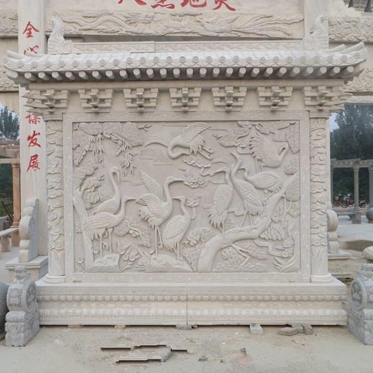 汉白玉大理石雕晚霞红松鹤牡丹浮雕青石地雕别墅庭院外墙装饰壁画