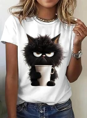 Cat pattern printed T-shirt short sleeved round neck top